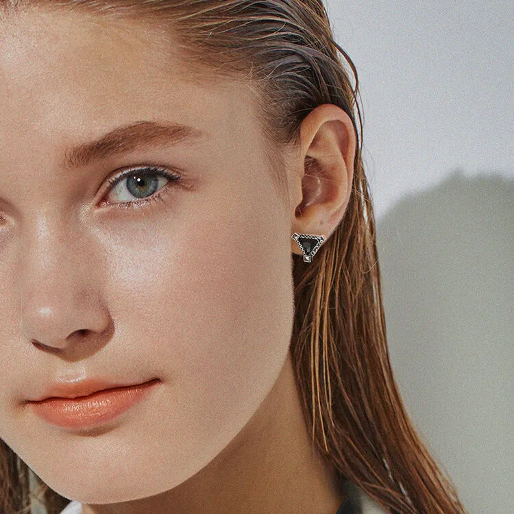 MGS S925 Silver Cool Black Glitter Fashion Trendy Hoop Earrings Women's-1