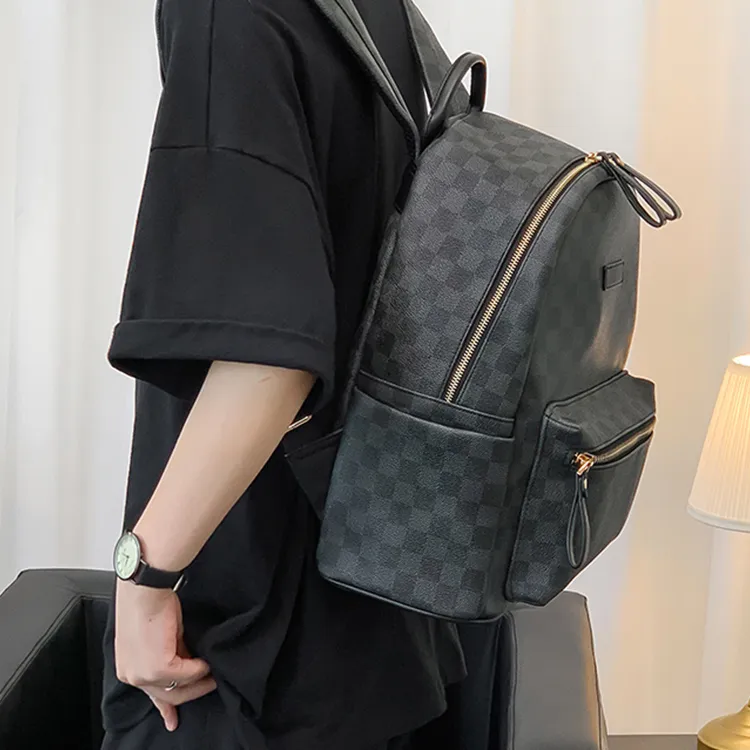 CARTELO PU With Polyester Backpack Unisex Black Plaid-4