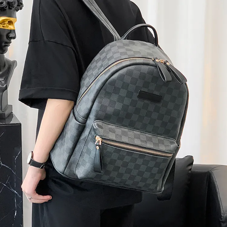 CARTELO PU With Polyester Backpack Unisex Black Plaid-3