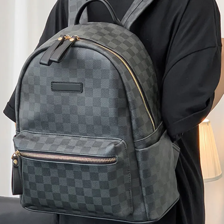 CARTELO PU With Polyester Backpack Unisex Black Plaid-1