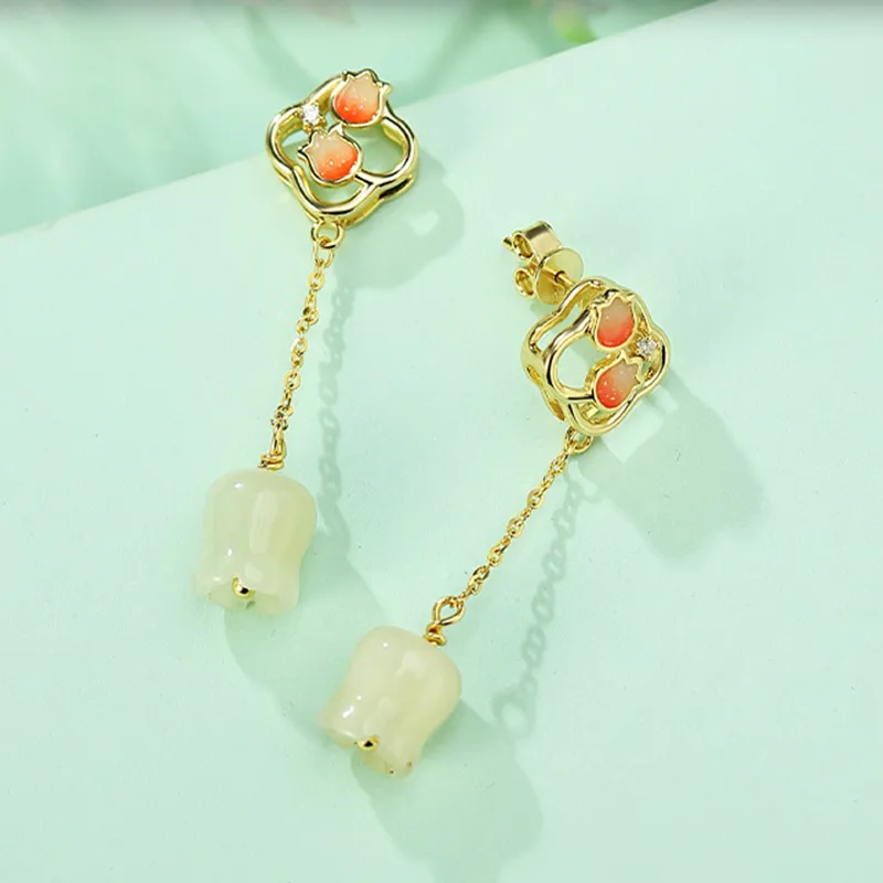 Long Fu Hetian Jade Earrings White Jade/Pale Greenish White Jade Women's-2