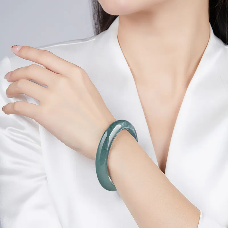 Long Fu Bean Type Blue Water Jadeite Bangle Flat Inside Bangle Peace Bangle For Festive Gift Giving Women's-3