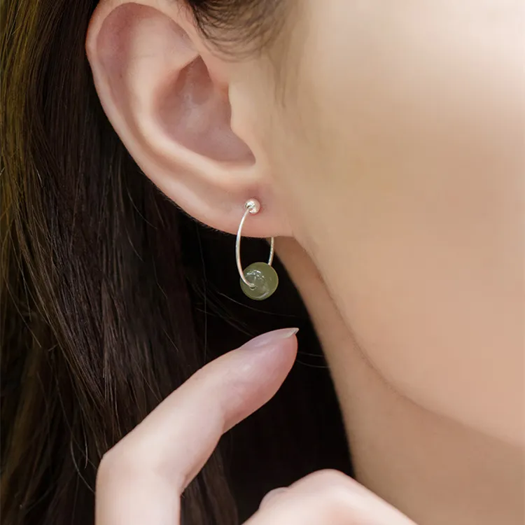 Long Fu Earrings Green Jade Women's-3