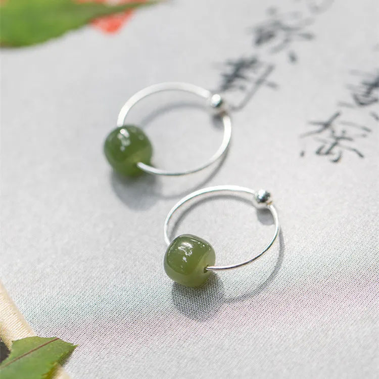 Long Fu Earrings Green Jade Women's-4
