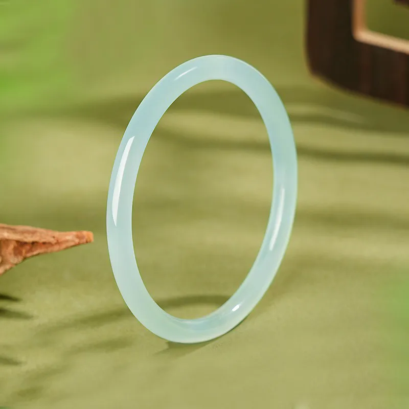 Long Fu Chalcedony Jade Bangle With Plain Loop For Layering Hand Accessory Women's-1