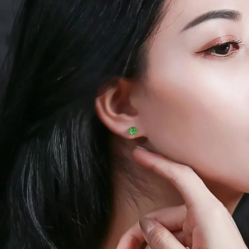Long Fu Ice Glutinous Jadeite Stud Earrings Women's-1