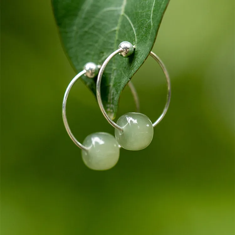 Long Fu Earrings Green Jade Women's-1