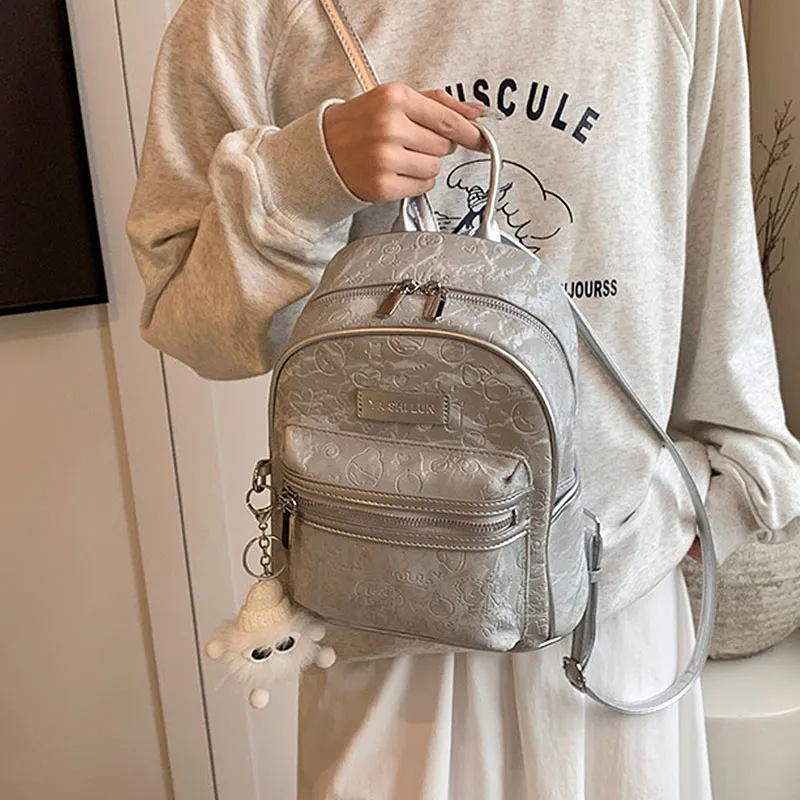 NATTY PU Backpack Small Size Women's Ecru/Silver/Pink/Black-8