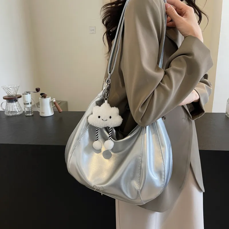 NATTY PU Shoulder Bag Large Size Women's Ecru/Silver/Black/Green-10