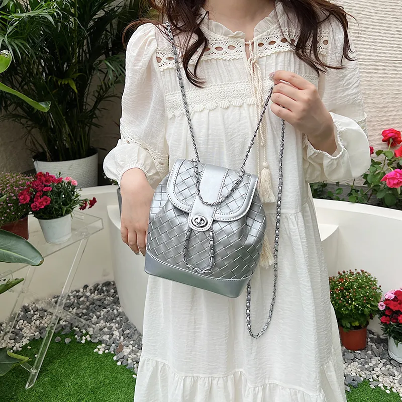 NATTY Chanel Inspired Bucket Bag, Backpack Small Size Women's Silver/Black/Blue/Beige-27