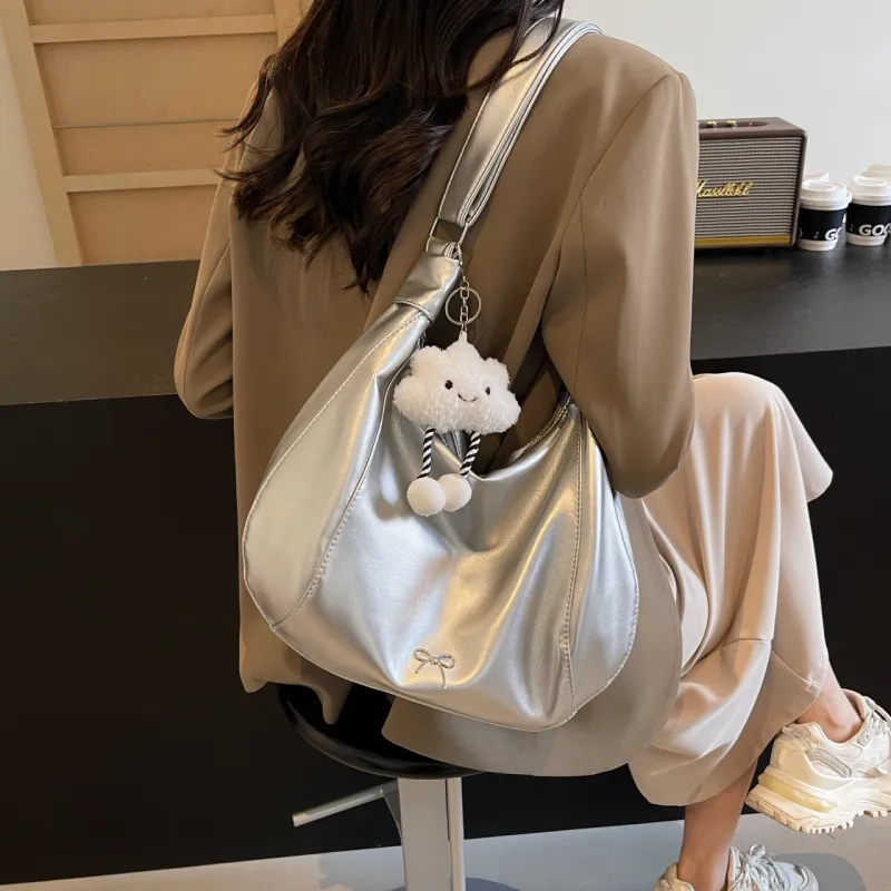 NATTY PU Shoulder Bag Large Size Women's Ecru/Silver/Black/Green-9