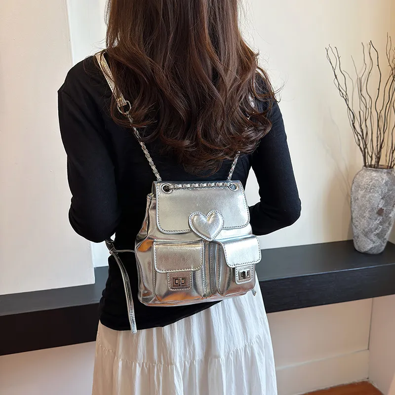 NATTY Pu Backpack Women's Silver/White/Black-10