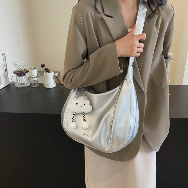 NATTY PU Shoulder Bag Large Size Women's Ecru/Silver/Black/Green-11