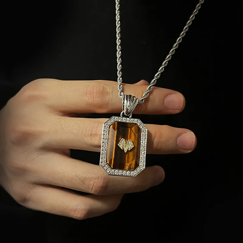 BABAMA Tiger's Eye Stone Badge Necklace Unisex-4