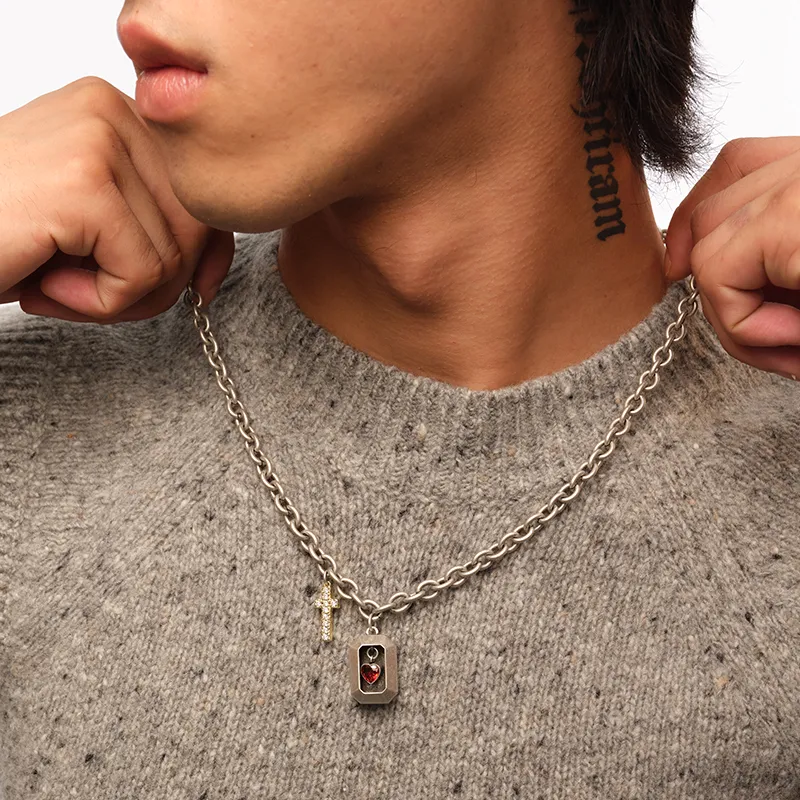 BABAMA Stainless Steel Necklace, Cross, Heart, Distressed Vintage Style Unisex-1