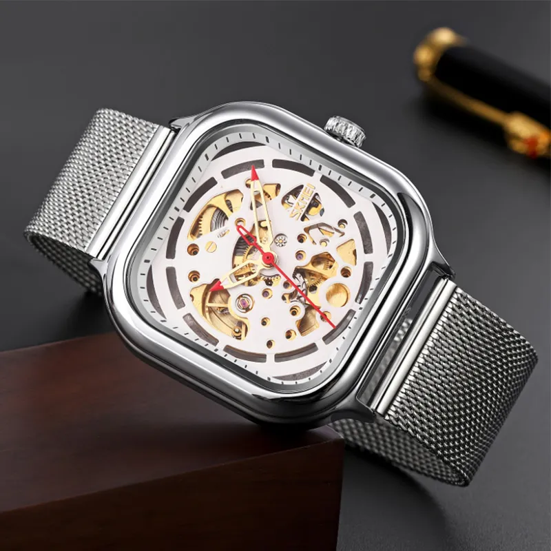 SKMEI Automatic Mechanical Movement Stainless Steel Strap Watch Unisex White Dial-2