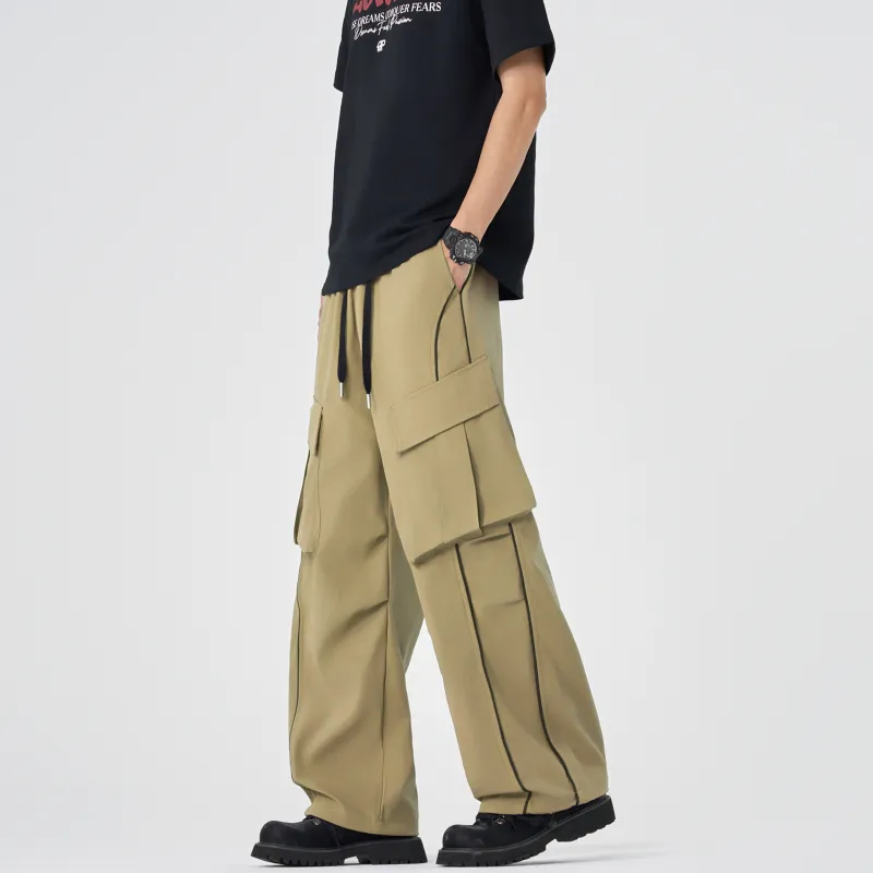 Outdoor Solid Color Large Pocket Windproof Relaxed Bootcut Cargo Pants Unisex-9