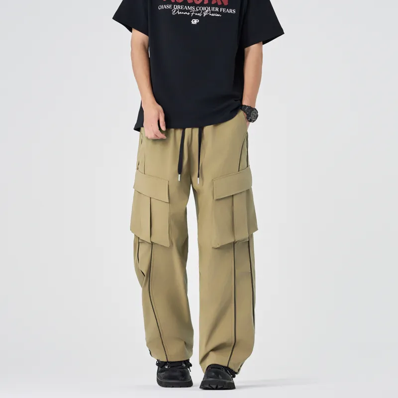 Outdoor Solid Color Large Pocket Windproof Relaxed Bootcut Cargo Pants Unisex-8