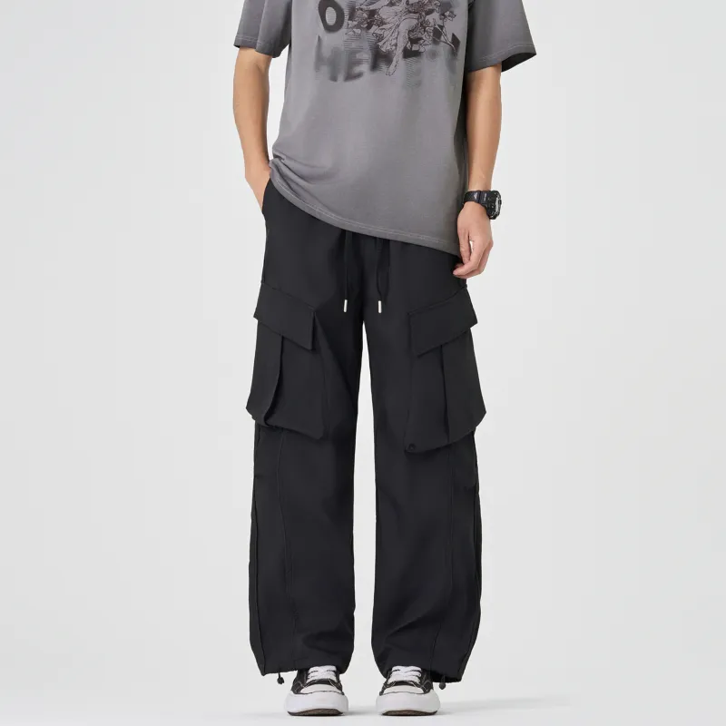 Outdoor Solid Color Large Pocket Windproof Relaxed Bootcut Cargo Pants Unisex-3