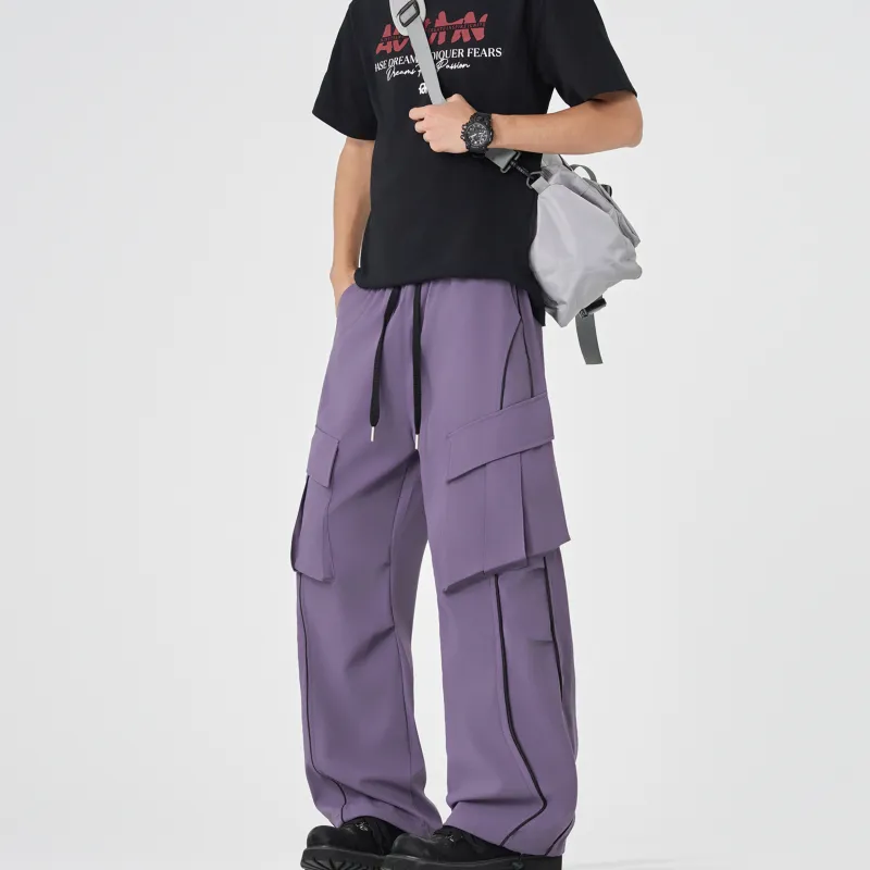 Outdoor Solid Color Large Pocket Windproof Relaxed Bootcut Cargo Pants Unisex-13