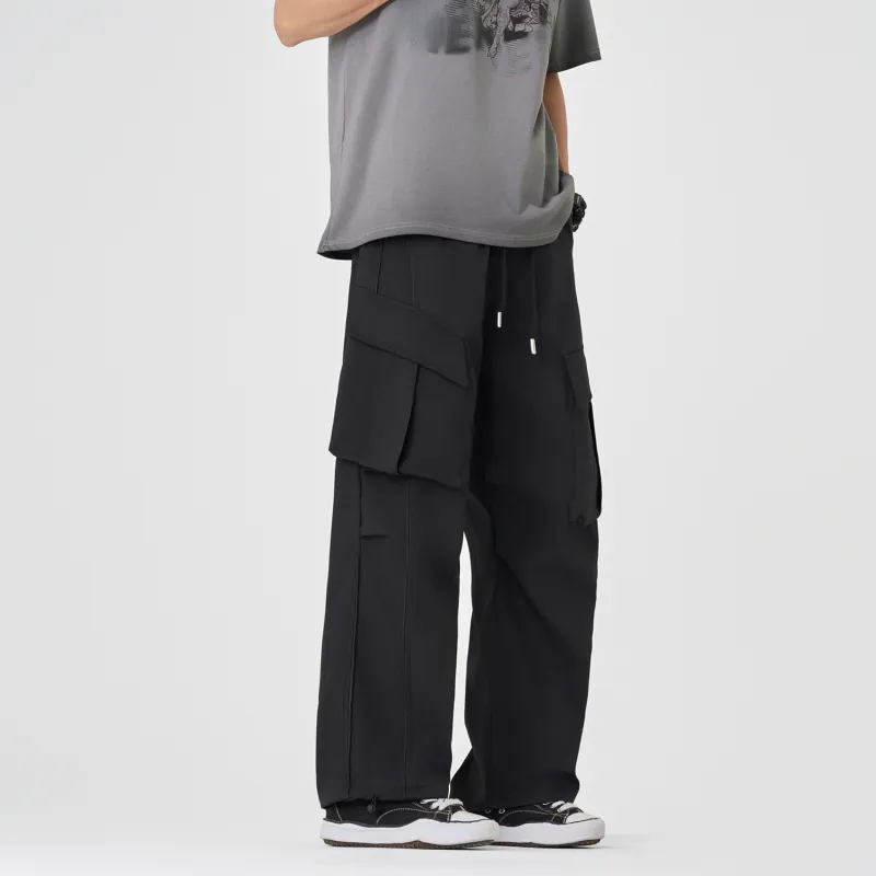 Outdoor Solid Color Large Pocket Windproof Relaxed Bootcut Cargo Pants Unisex-2