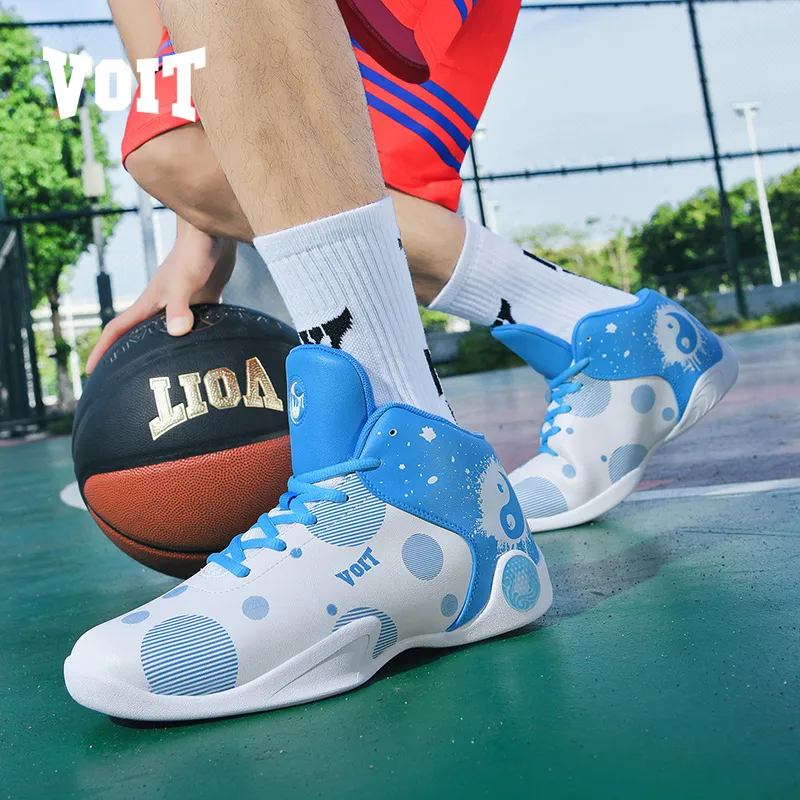 VOIT Basketball Shoes Men High Top White Sky Blue-9