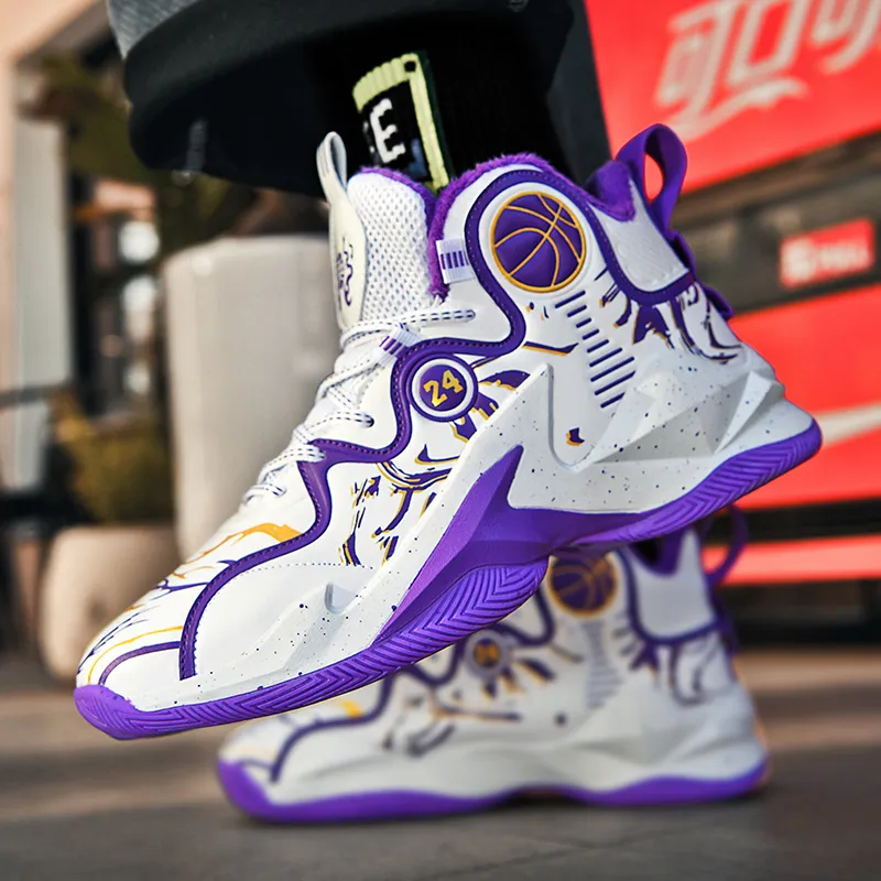 TONYBEAR Basketball Shoes Unisex Mid Top Insulated Shoes White Purple-9