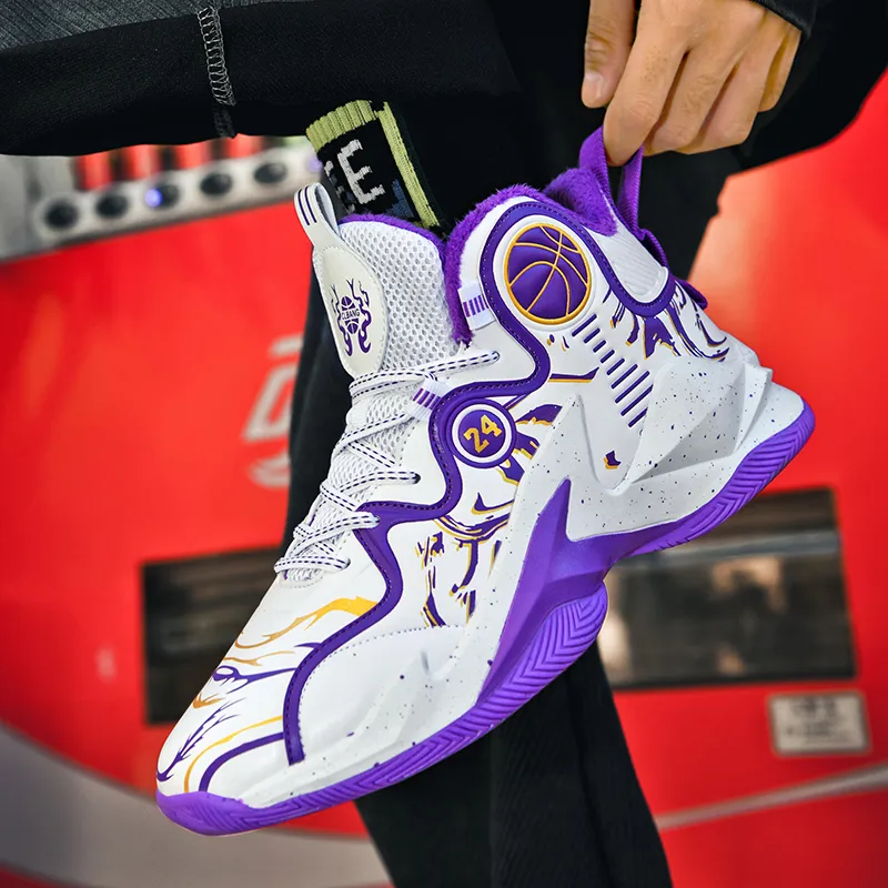 TONYBEAR Basketball Shoes Unisex Mid Top Insulated Shoes White Purple-10