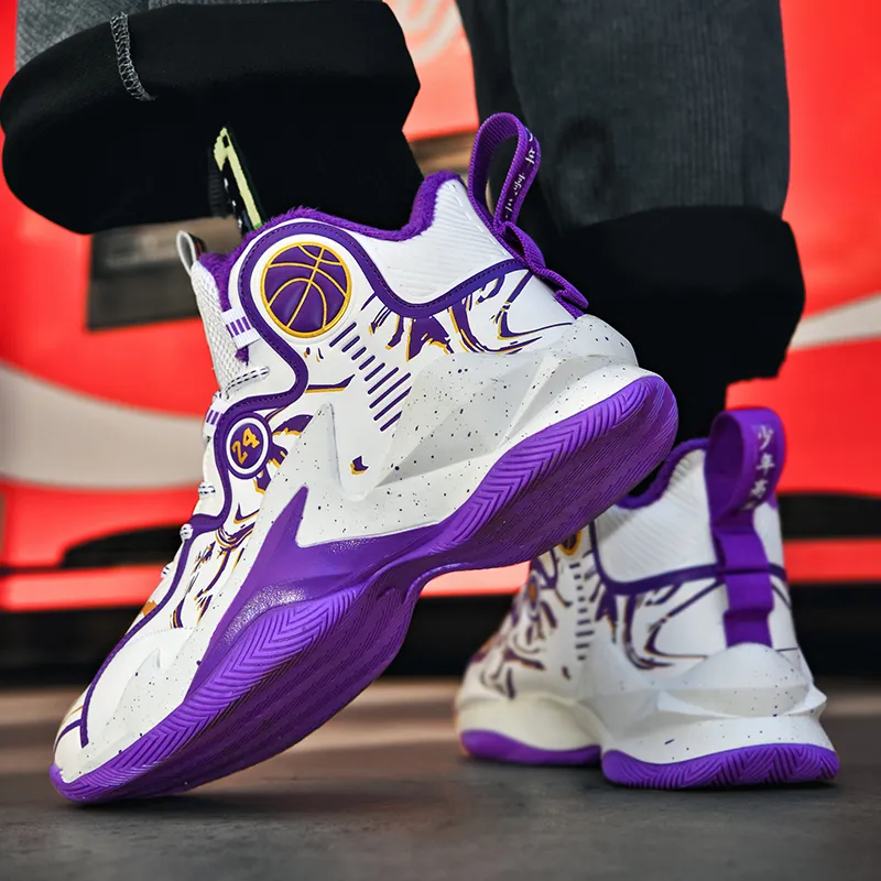 TONYBEAR Basketball Shoes Unisex Mid Top Insulated Shoes White Purple-11