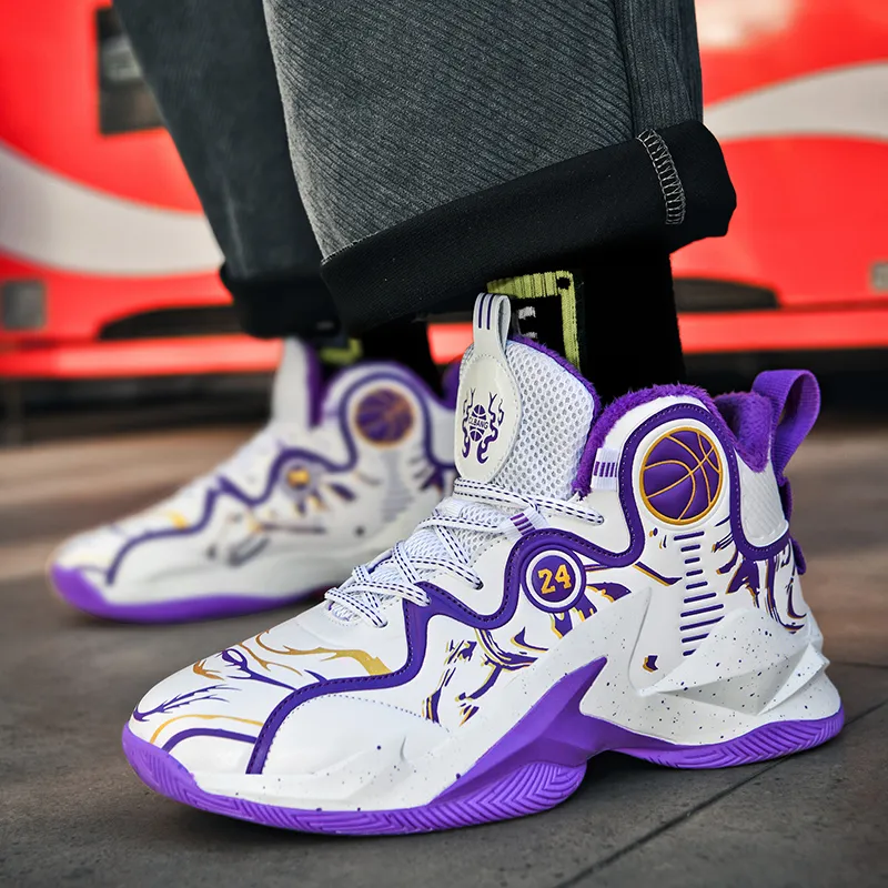 TONYBEAR Basketball Shoes Unisex Mid Top Insulated Shoes White Purple-8