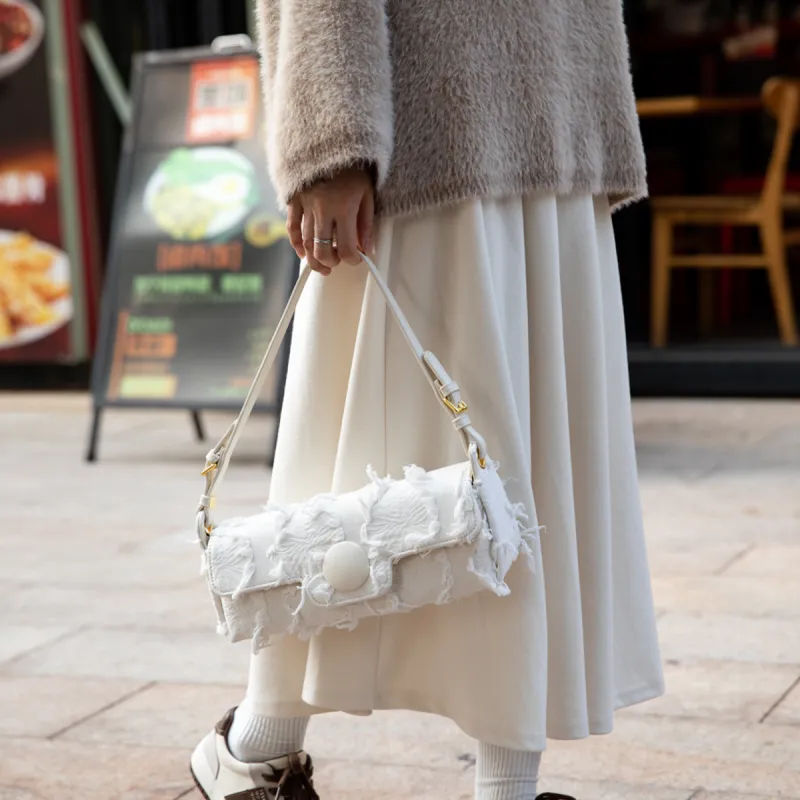 MACKJANICE Polyurethane Synthetic Leather Shoulder Bag Baguette Bag Shoulder Bag Women's Fringe White-6