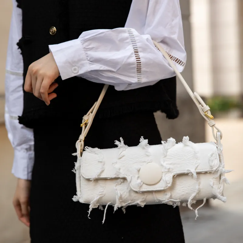 MACKJANICE Polyurethane Synthetic Leather Shoulder Bag Baguette Bag Shoulder Bag Women's Fringe White-7