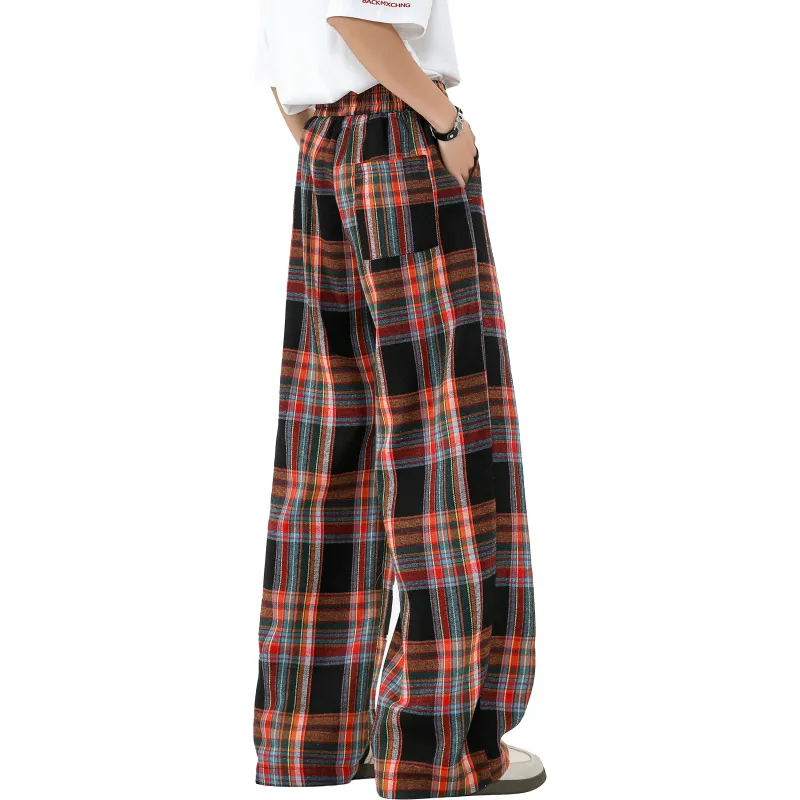 DANGERTIGER Casual Pants Unisex Black Red Plaid-1