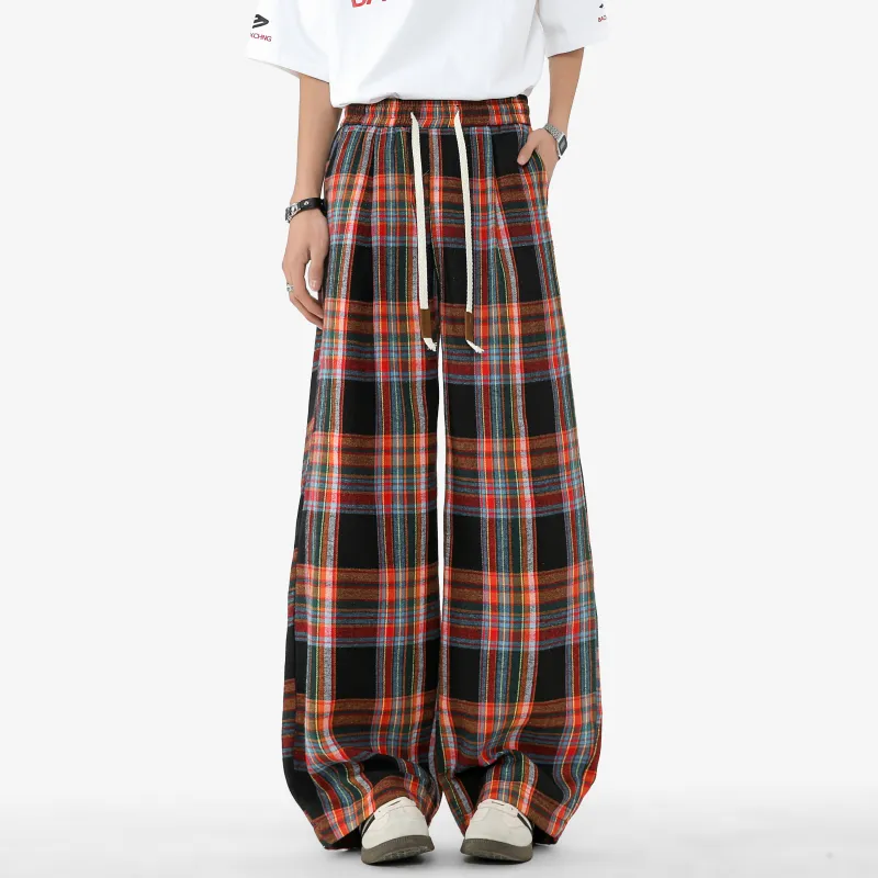 DANGERTIGER Casual Pants Unisex Black Red Plaid-2