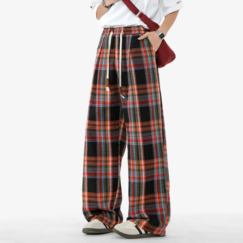 DANGERTIGER Casual Pants Unisex Black Red Plaid-5