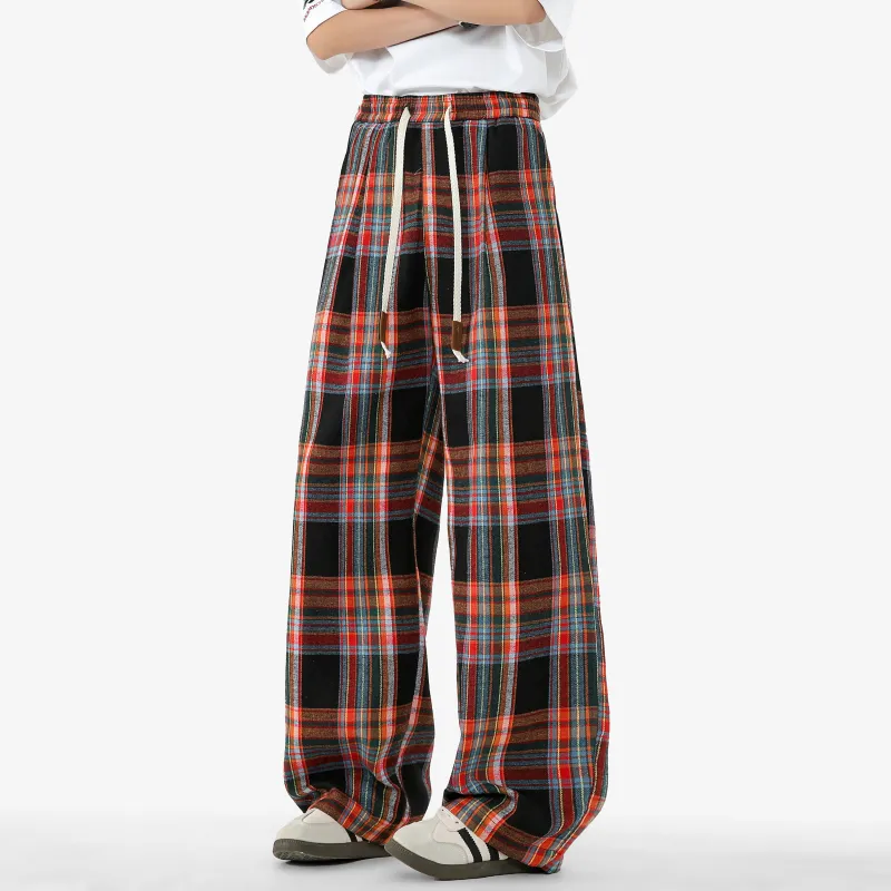 DANGERTIGER Casual Pants Unisex Black Red Plaid-3