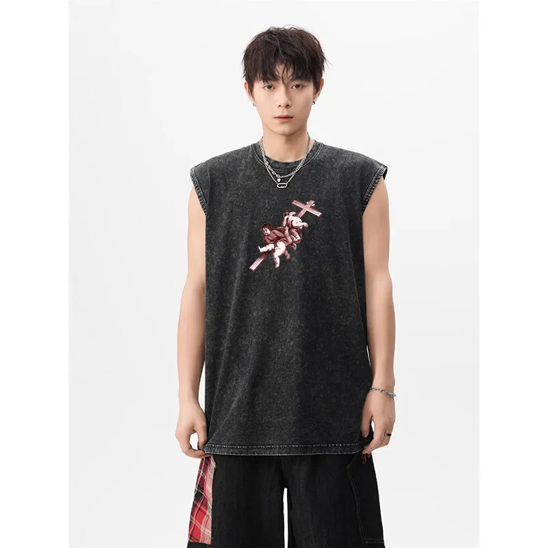 HOKLV Tank Tops Unisex Washed Black-2