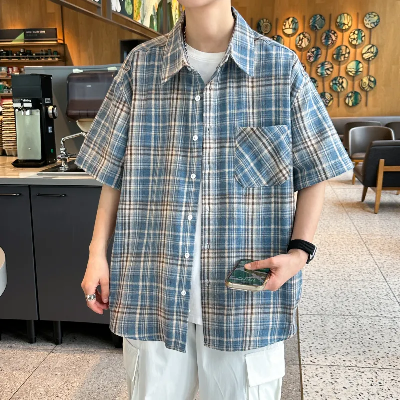 HOKLV Shirts Unisex Blue Plaid-1