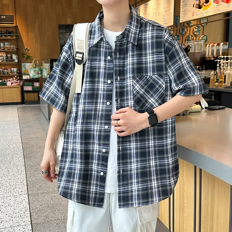 HOKLV Shirts Unisex Navy Blue Plaid-2