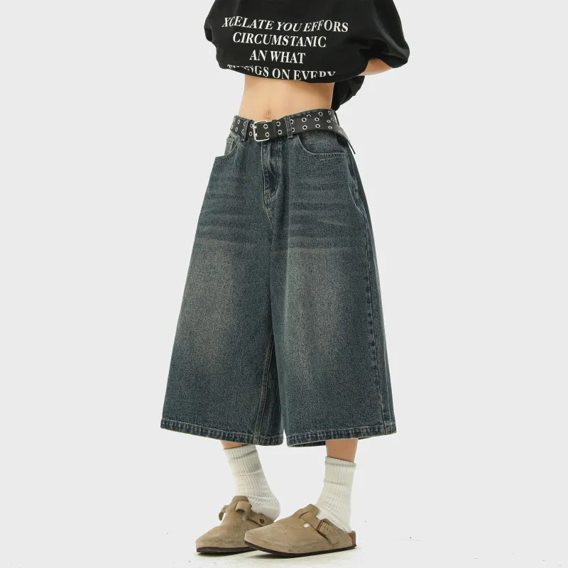 HOKLV Denim Shorts Unisex Vintage Blue-21