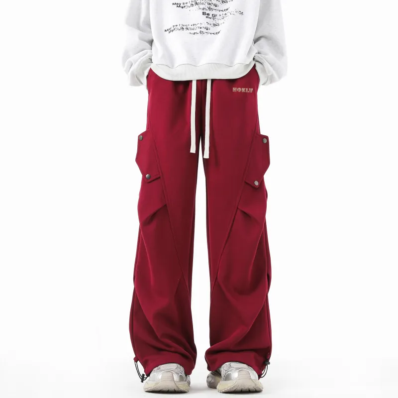 HOKLV Knitted Sports Pants Unisex Burgundy-2