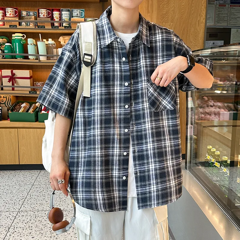 HOKLV Shirts Unisex Navy Blue Plaid-1