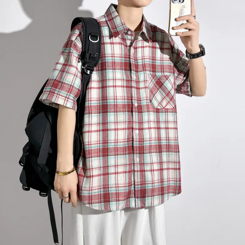 HOKLV Shirts Unisex Red White Plaid-5