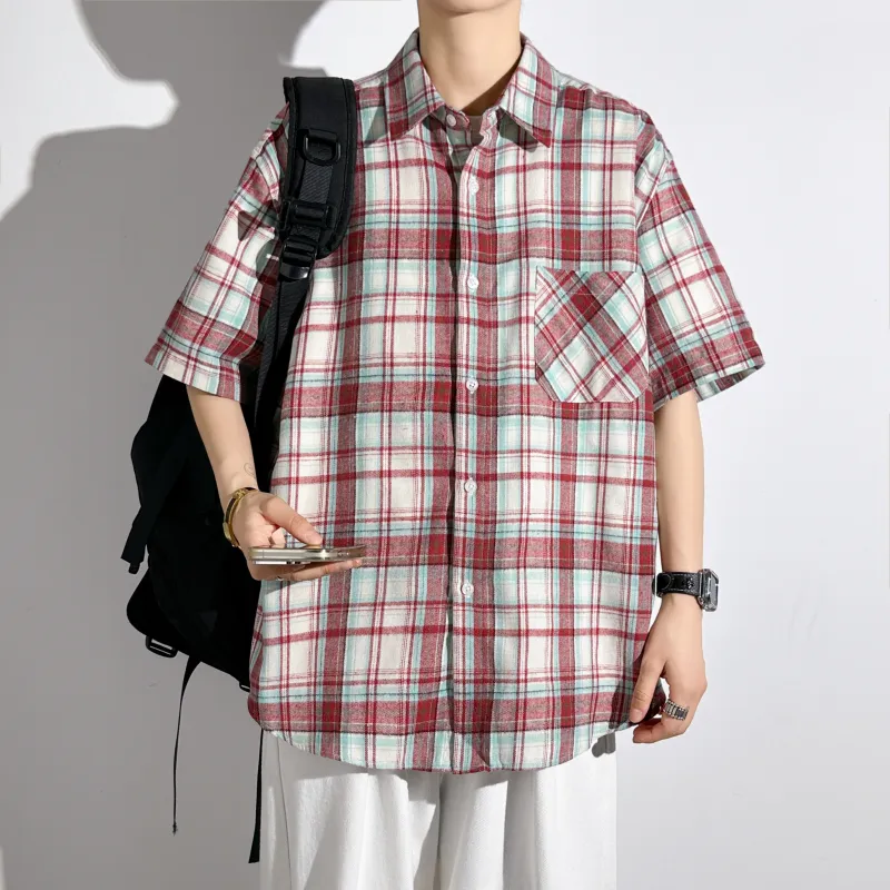 HOKLV Shirts Unisex Red White Plaid-4