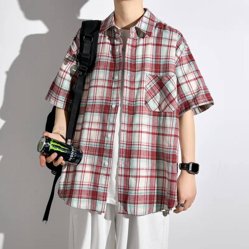 HOKLV Shirts Unisex Red White Plaid-1
