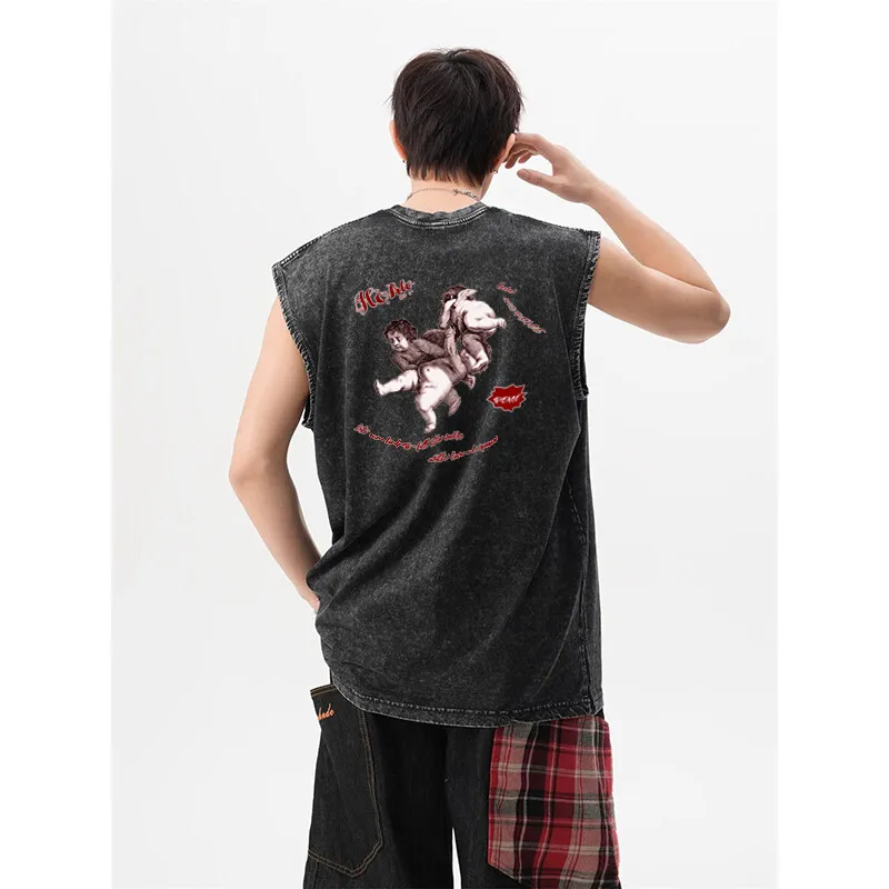 HOKLV Tank Tops Unisex Washed Black-4