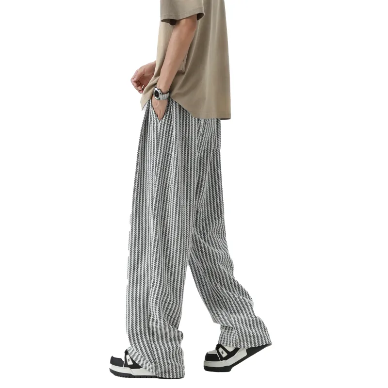 HOKLV Casual Pants Unisex Black White Stripes-1