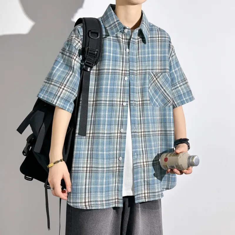 HOKLV Shirts Unisex Blue White Plaid-5