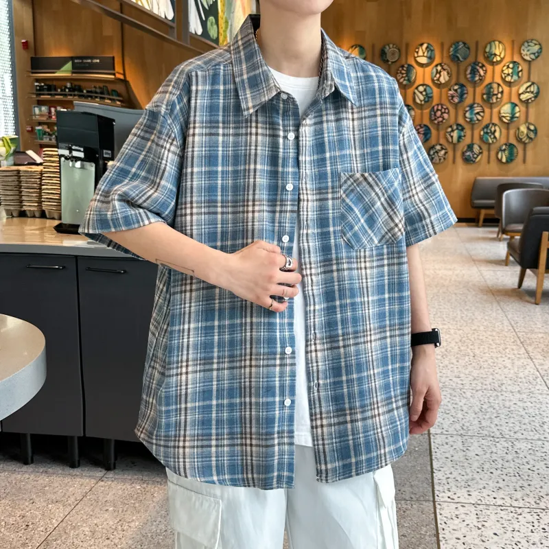 HOKLV Shirts Unisex Blue Plaid-2