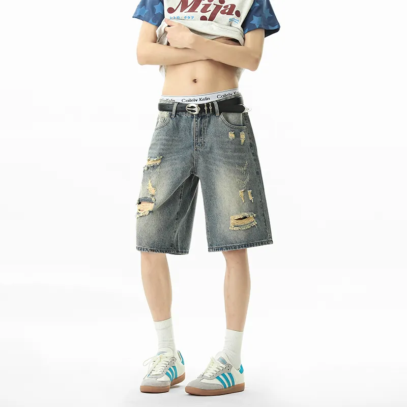 HOKLV Denim Shorts Unisex Nostalgic Blue-4